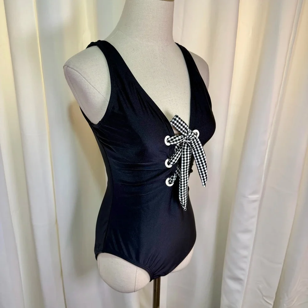 NWT Shoshanna Black One-Piece Checkered Gingham Lace-Up Bust Swimsuit Size 6